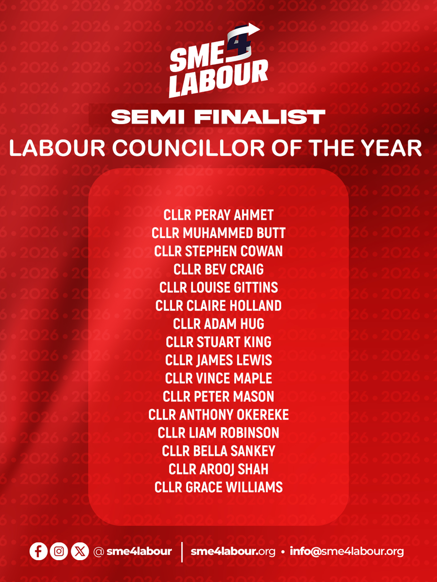 Auto-generated description: A list of semi-finalists for the Labour Councillor of the Year is presented against a red background, featuring names of various councillors.