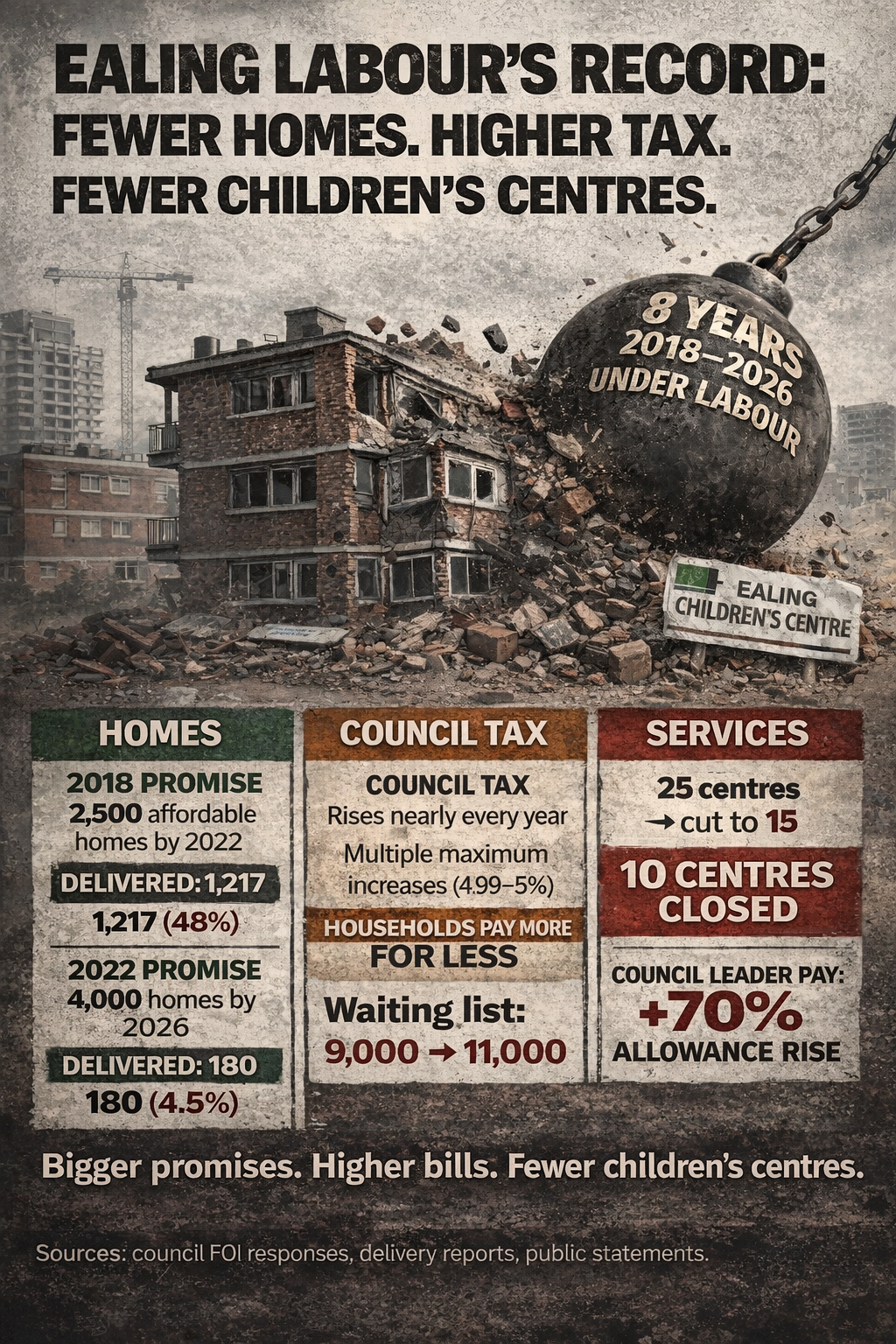 A poster criticises Ealing Labour's record with indicative claims about fewer homes, higher taxes, and fewer children's centers over eight years from 2018 to 2026.