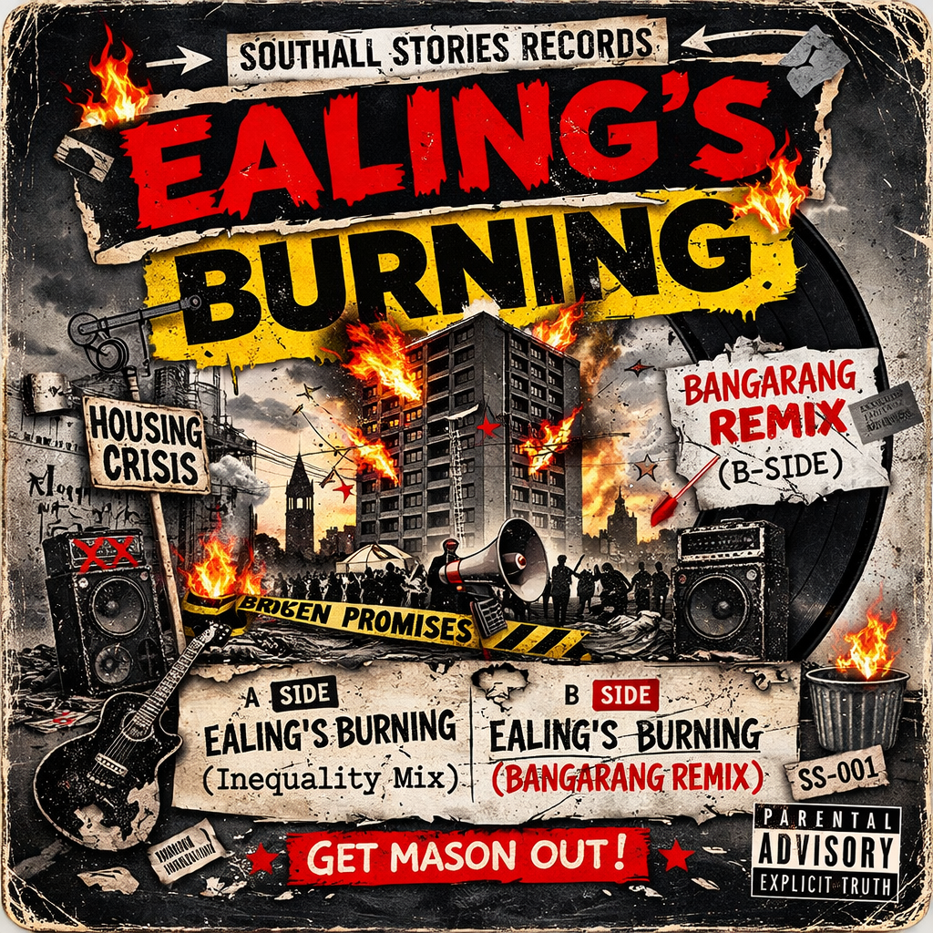 Auto-generated description: A chaotic collage-style album cover depicts burning buildings, protest imagery, and text referencing tracks titled Ealing's Burning and Bangarang Remix under the label Southall Stories Records.