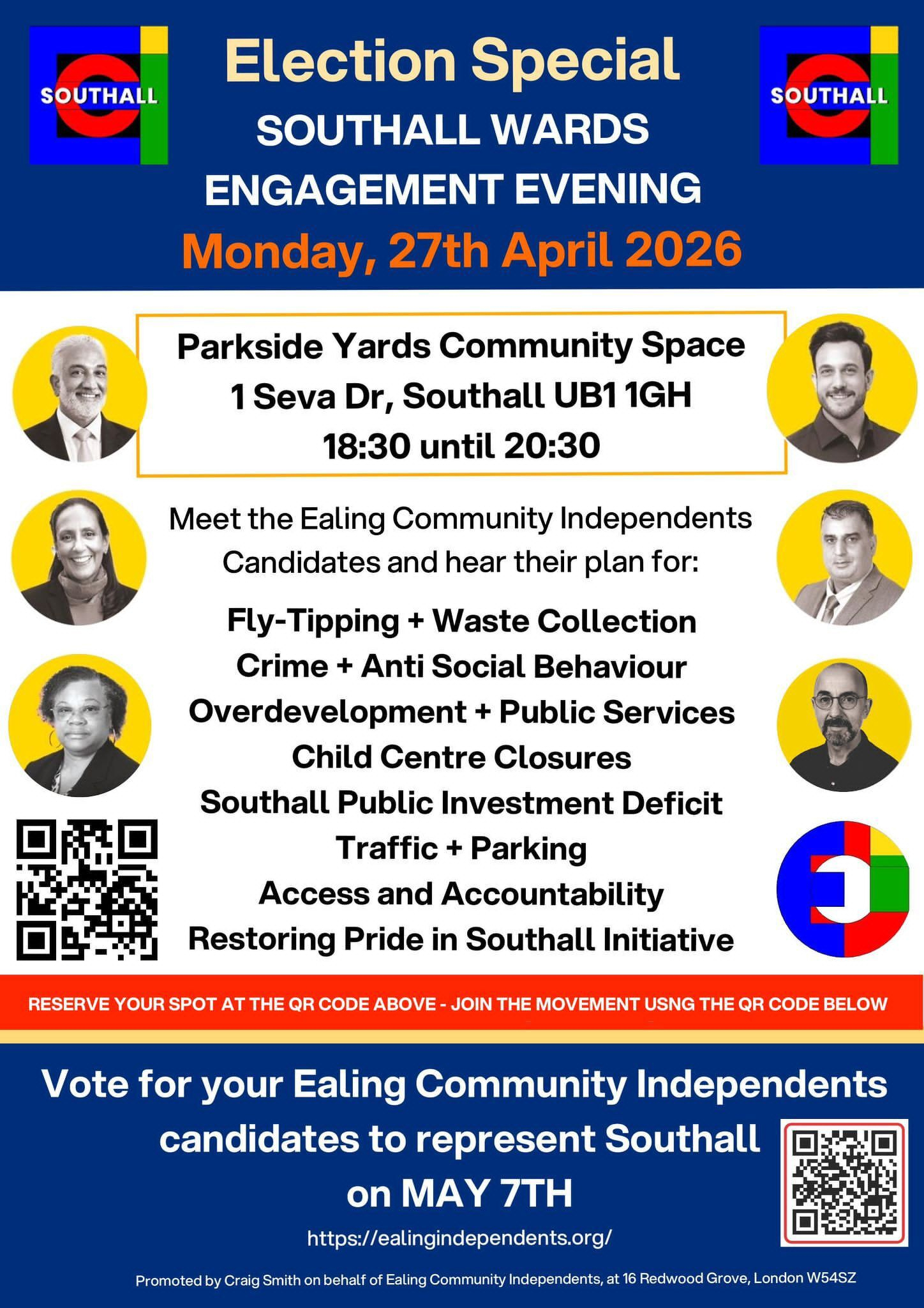 An election special poster announces a Southall wards engagement event on April 27, 2026, featuring Ealing Community Independents candidates and listing various key community issues.