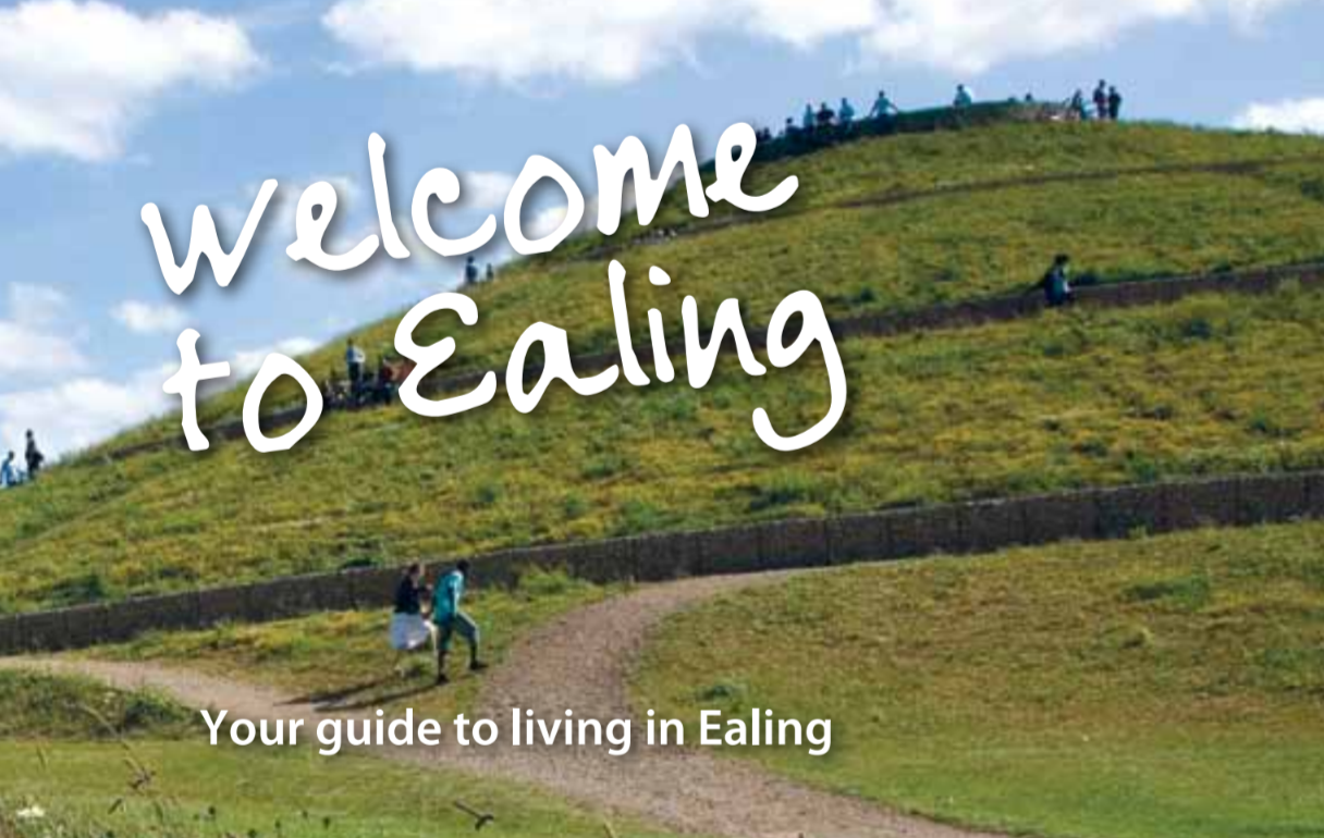 Auto-generated description: A grassy hill with people walking on it is overlaid with the text Welcome to Ealing and Your guide to living in Ealing.